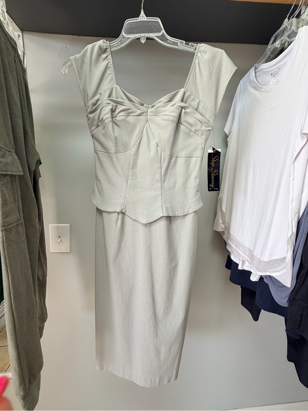 Stop Staring Light Gray Midi Dress with Sweetheart Bodice